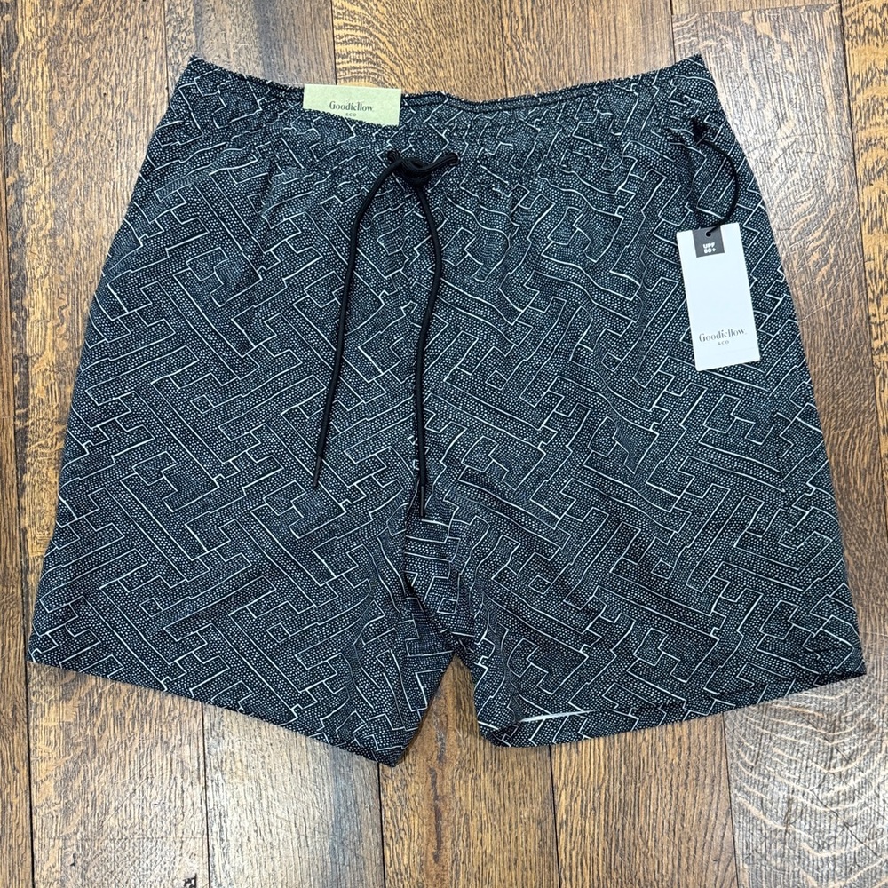 Goodlife Textured Black & White Drawstring Swim Shorts